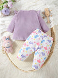 Buy SHEIN 2pcs Baby Girls' Minimalist Rabbit Print Long Sleeve Top And Pants Home Outfit in Pakistan