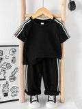 Buy SHEIN 2pcs Set Baby Boys/Girls Casual Cute Graphic Oversized Crew Neck Knit Sweater Top And Striped Drawstring Waist Knit Pants Outfit in Pakistan