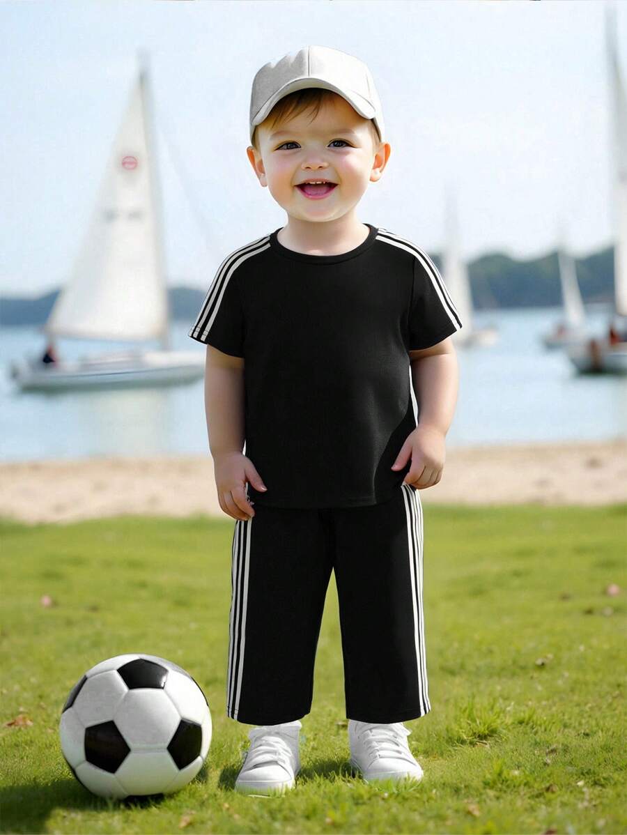 Buy SHEIN 2pcs Set Baby Boys/Girls Casual Cute Graphic Oversized Crew Neck Knit Sweater Top And Striped Drawstring Waist Knit Pants Outfit in Pakistan