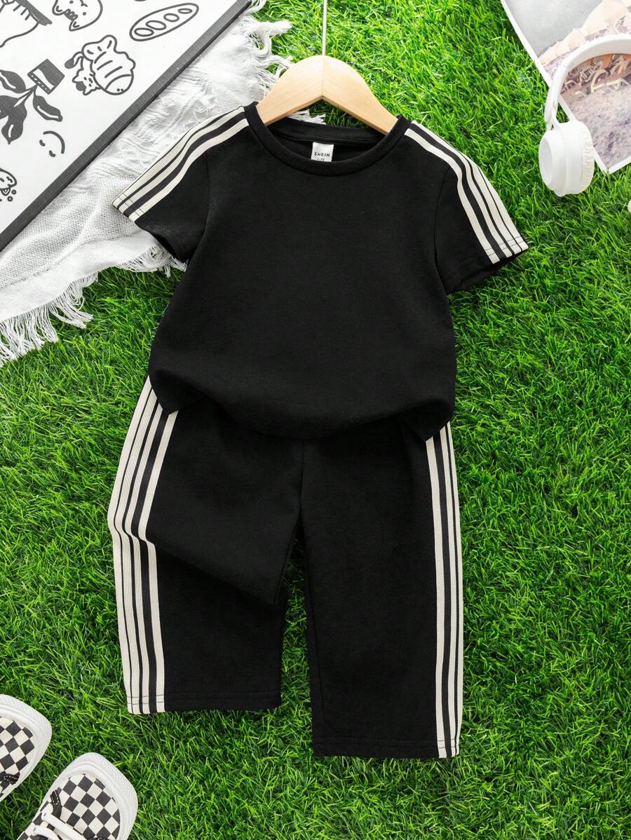 Buy SHEIN 2pcs Set Baby Boys/Girls Casual Cute Graphic Oversized Crew Neck Knit Sweater Top And Striped Drawstring Waist Knit Pants Outfit in Pakistan