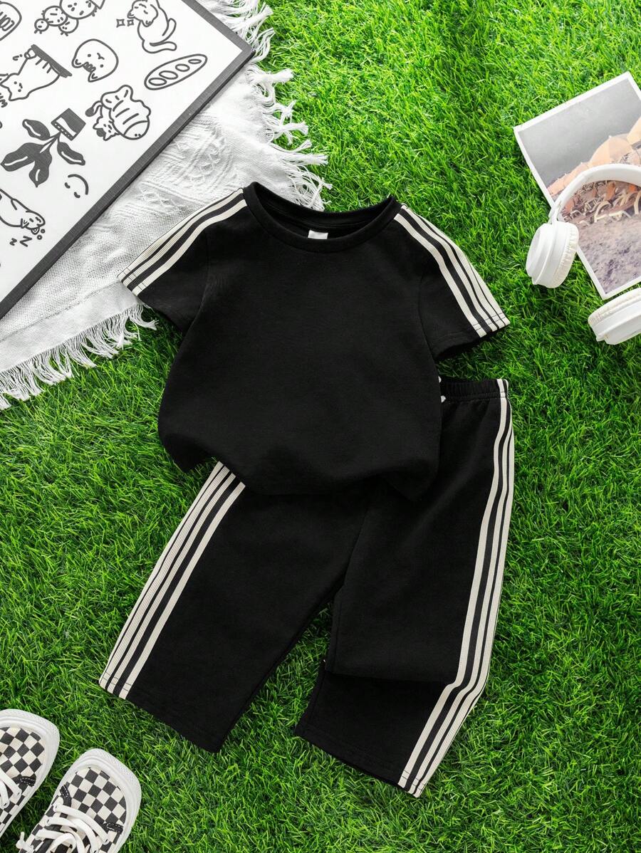 Buy SHEIN 2pcs Set Baby Boys/Girls Casual Cute Graphic Oversized Crew Neck Knit Sweater Top And Striped Drawstring Waist Knit Pants Outfit in Pakistan
