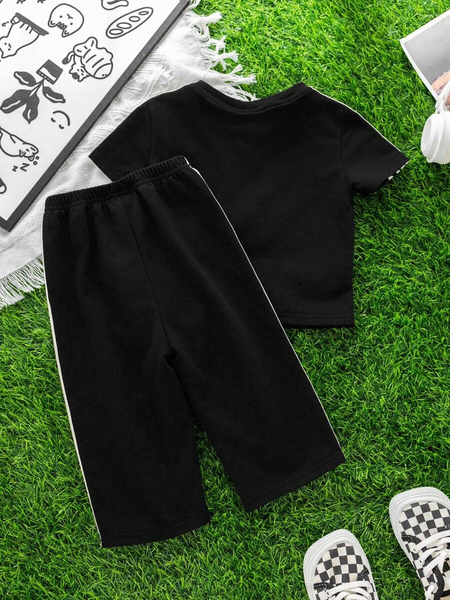 Buy SHEIN 2pcs Set Baby Boys/Girls Casual Cute Graphic Oversized Crew Neck Knit Sweater Top And Striped Drawstring Waist Knit Pants Outfit in Pakistan