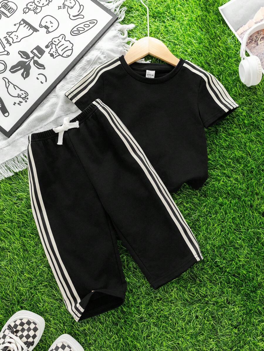 Buy SHEIN 2pcs Set Baby Boys/Girls Casual Cute Graphic Oversized Crew Neck Knit Sweater Top And Striped Drawstring Waist Knit Pants Outfit in Pakistan