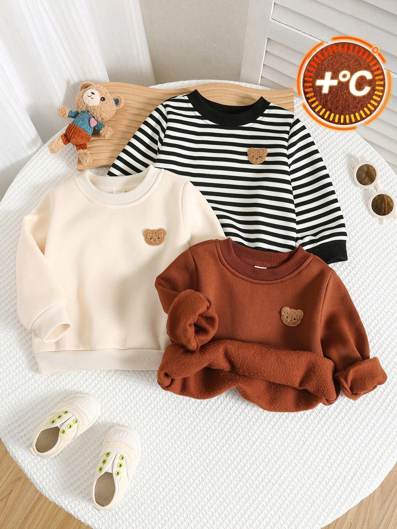 Buy SHEIN 3pcs/Set Baby Boys/Girls Cartoon, Striped, Solid Color Hoodies Set, Suitable For Autumn & Winter Outings in Pakistan