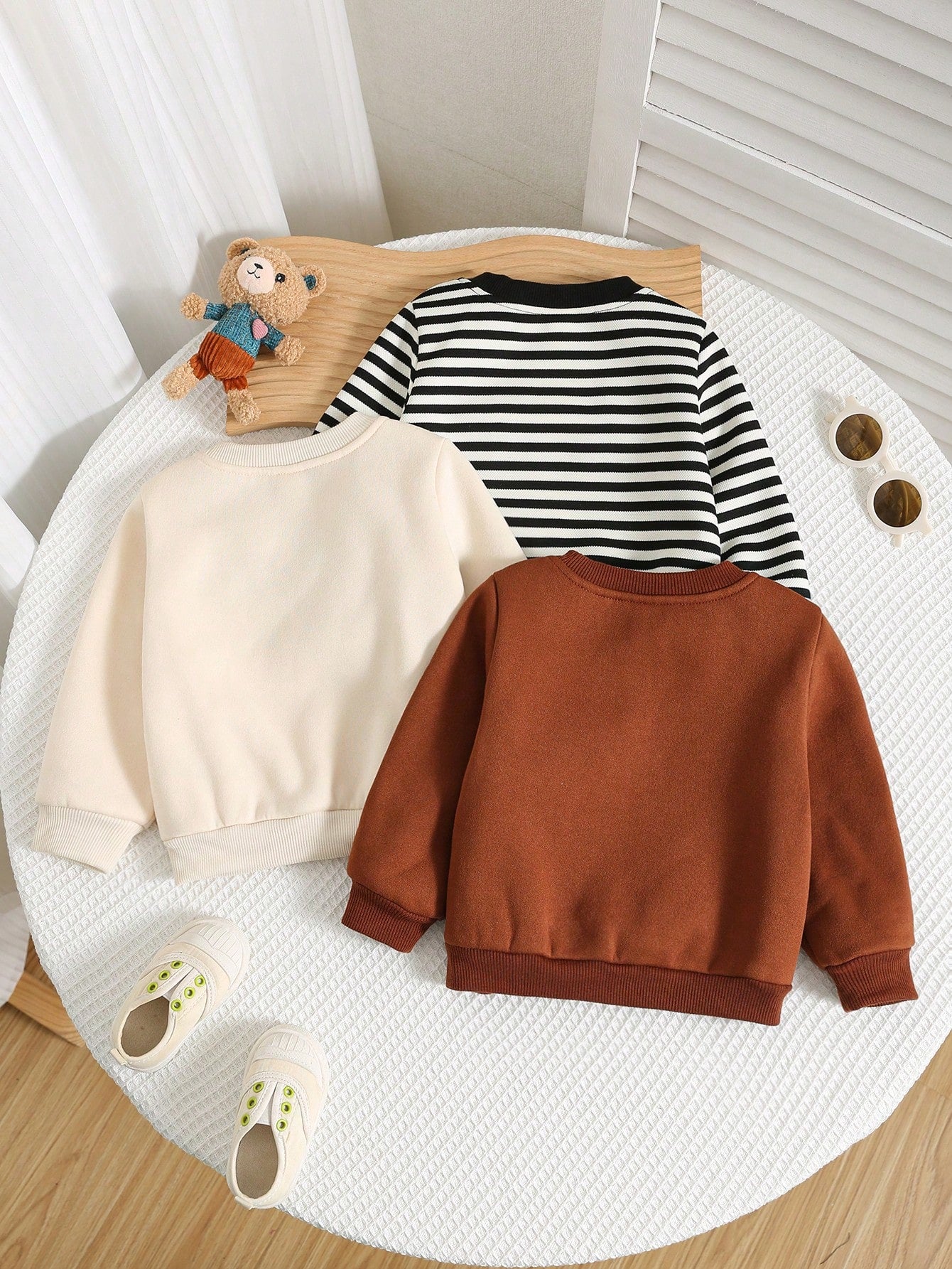 Buy SHEIN 3pcs/Set Baby Boys/Girls Cartoon, Striped, Solid Color Hoodies Set, Suitable For Autumn & Winter Outings in Pakistan