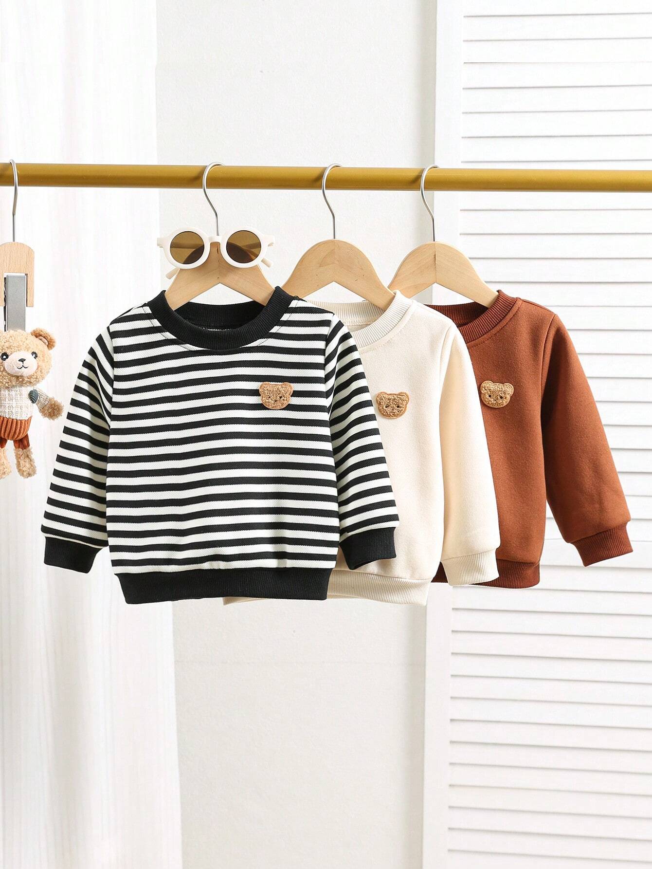 Buy SHEIN 3pcs/Set Baby Boys/Girls Cartoon, Striped, Solid Color Hoodies Set, Suitable For Autumn & Winter Outings in Pakistan