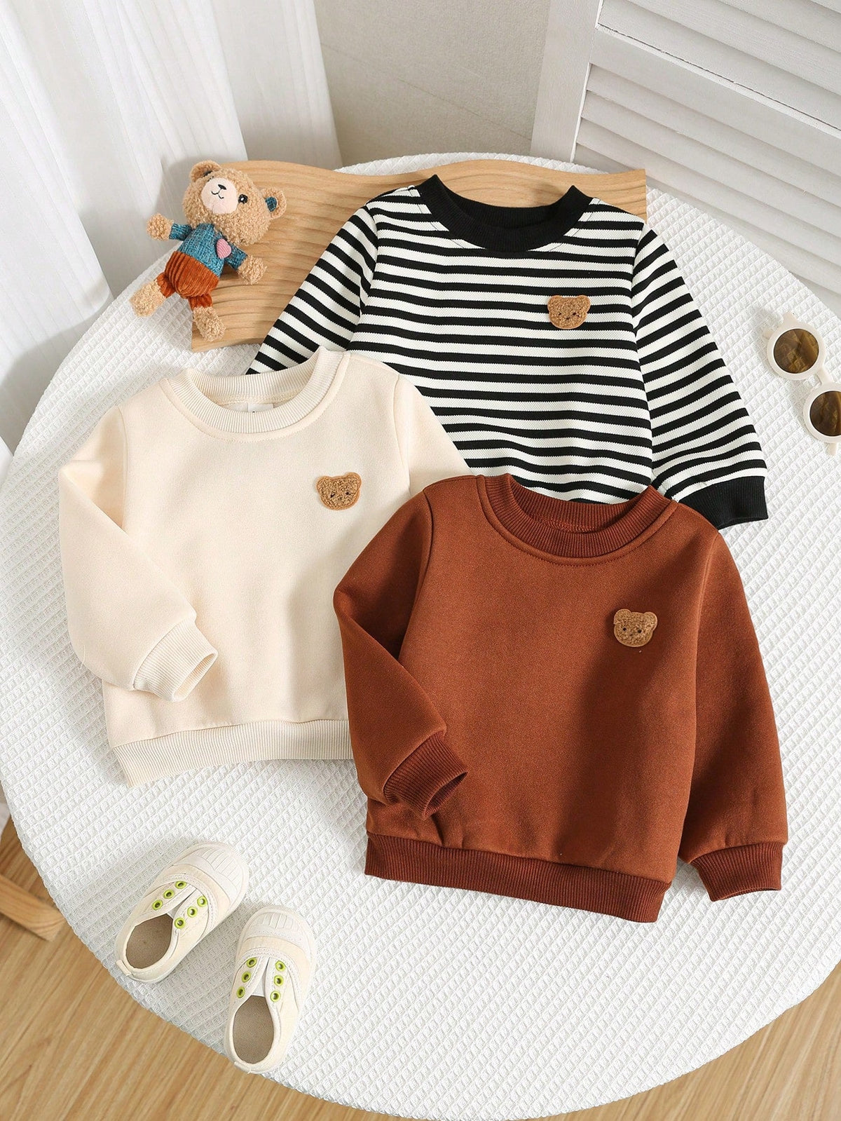 Buy SHEIN 3pcs/Set Baby Boys/Girls Cartoon, Striped, Solid Color Hoodies Set, Suitable For Autumn & Winter Outings in Pakistan