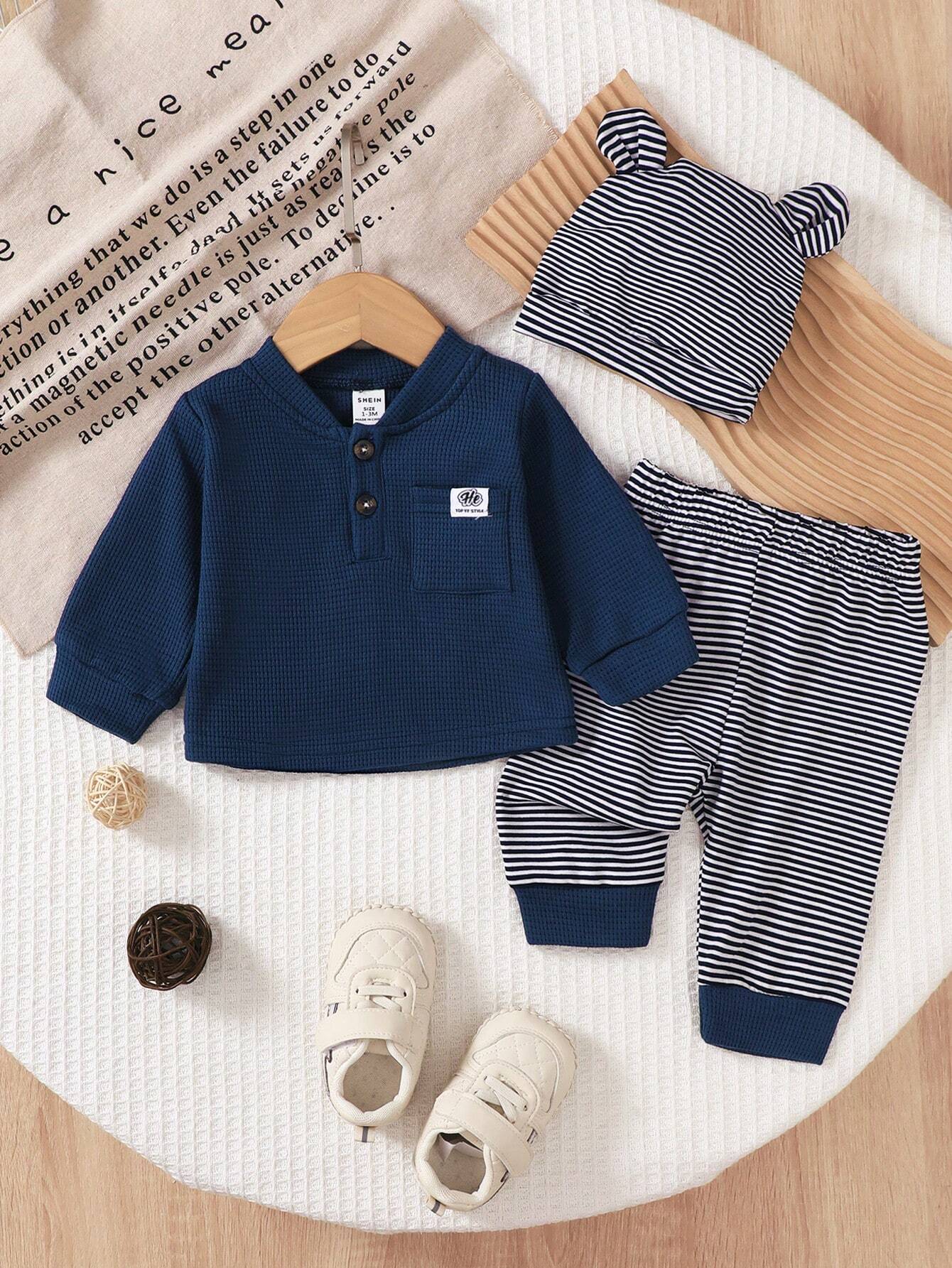 Buy SHEIN 3pcs/Set Newborn Baby Boy Blue Long Sleeve Top in Pakistan