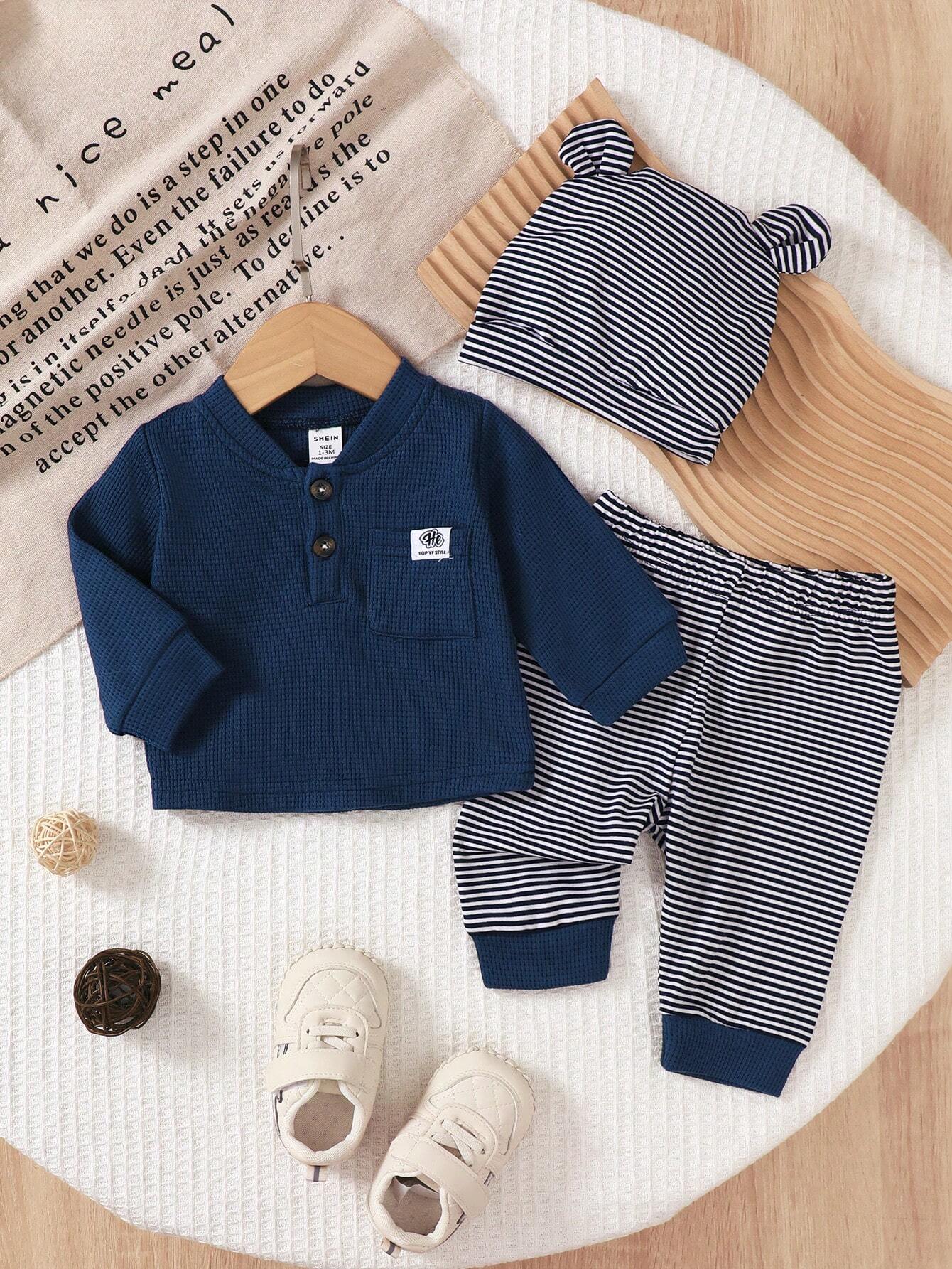 Buy SHEIN 3pcs/Set Newborn Baby Boy Blue Long Sleeve Top in Pakistan