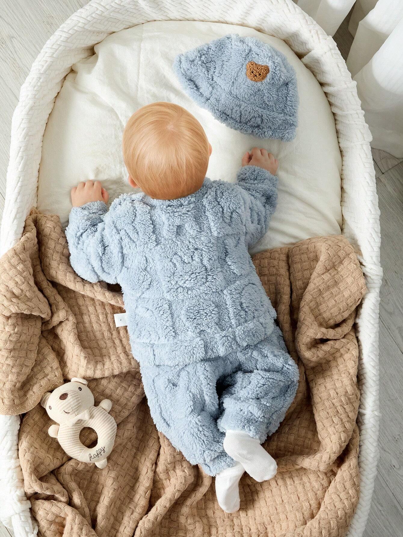 Buy SHEIN 3pcs/Set Newborn Baby Boys/Girls Blue Autumn/Winter Soft Coral Fleece Long Sleeve Hoodie, Pants & Hat, Cute Bear & Rabbit Print, Cozy & Warm, For Indoor & Outdoor in Pakistan