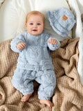 Buy SHEIN 3pcs/Set Newborn Baby Boys/Girls Blue Autumn/Winter Soft Coral Fleece Long Sleeve Hoodie, Pants & Hat, Cute Bear & Rabbit Print, Cozy & Warm, For Indoor & Outdoor in Pakistan