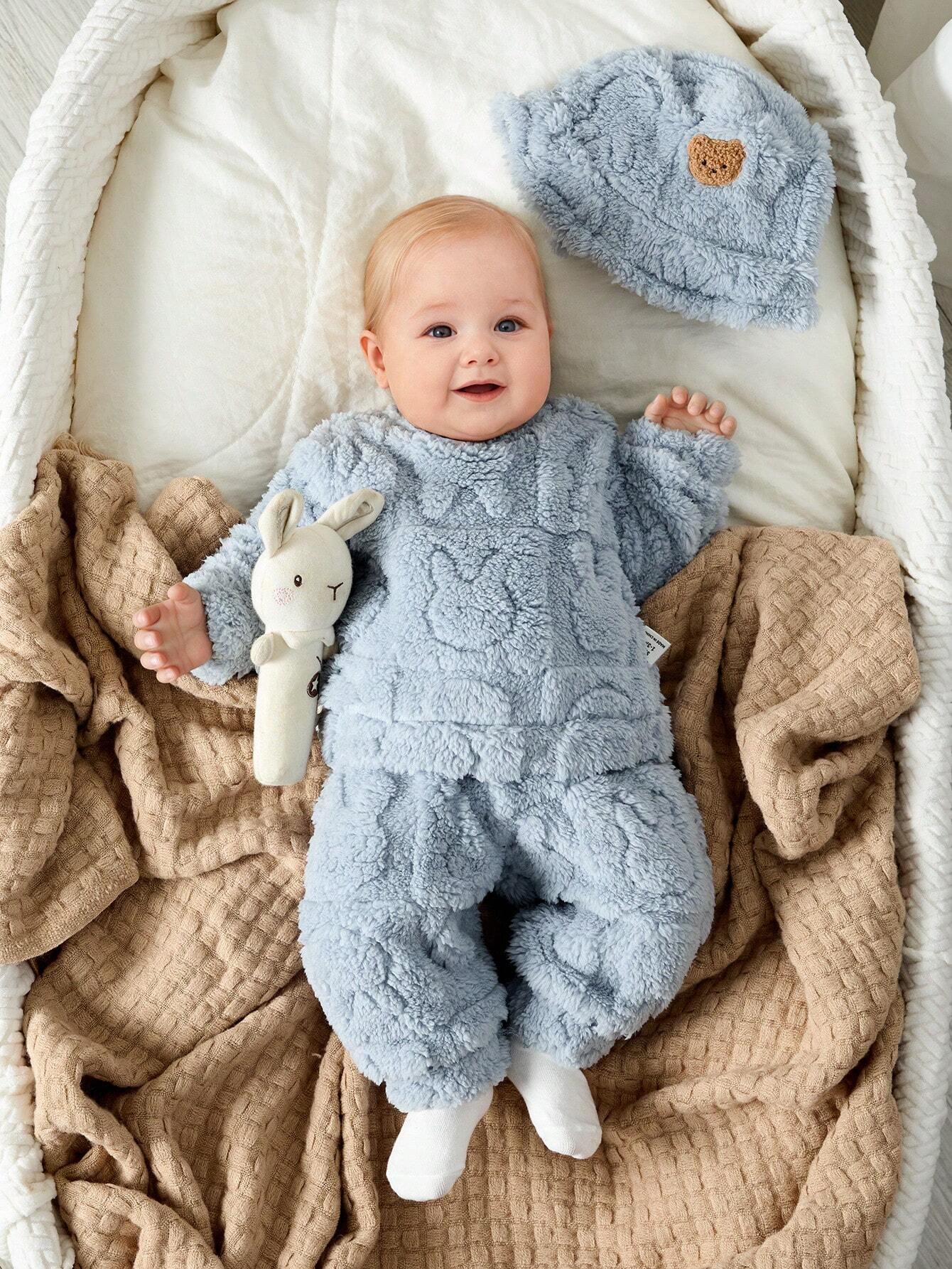 Buy SHEIN 3pcs/Set Newborn Baby Boys/Girls Blue Autumn/Winter Soft Coral Fleece Long Sleeve Hoodie, Pants & Hat, Cute Bear & Rabbit Print, Cozy & Warm, For Indoor & Outdoor in Pakistan