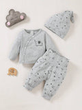 Buy SHEIN 3pcs Baby Boy Cartoon Bear Print Button-Front Shirt, Pants And Hat Casual Outfit Set in Pakistan