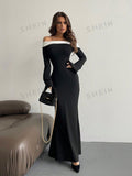 Buy SHEIN Aloruh Contrast Off Shoulder Bell Sleeve Bodycon Long Black Dress With Sleeves in Pakistan