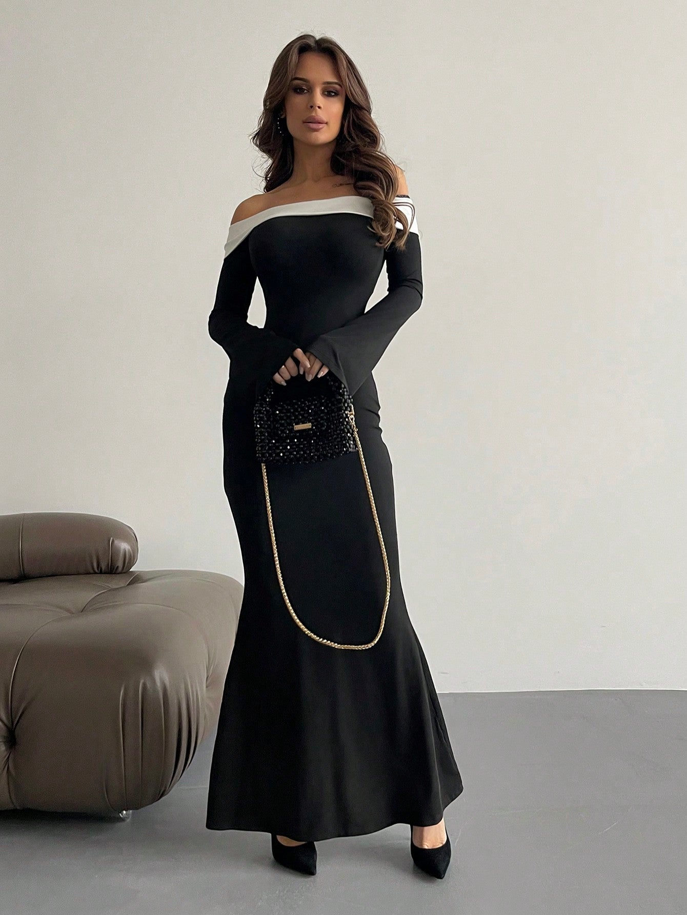 Buy SHEIN Aloruh Contrast Off Shoulder Bell Sleeve Bodycon Long Black Dress With Sleeves in Pakistan