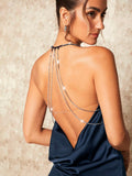 Buy SHEIN BAE Draped Collar Rhinestone Chain Backless Split Thigh Satin Halter Dress in Pakistan