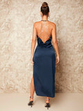 Buy SHEIN BAE Draped Collar Rhinestone Chain Backless Split Thigh Satin Halter Dress in Pakistan