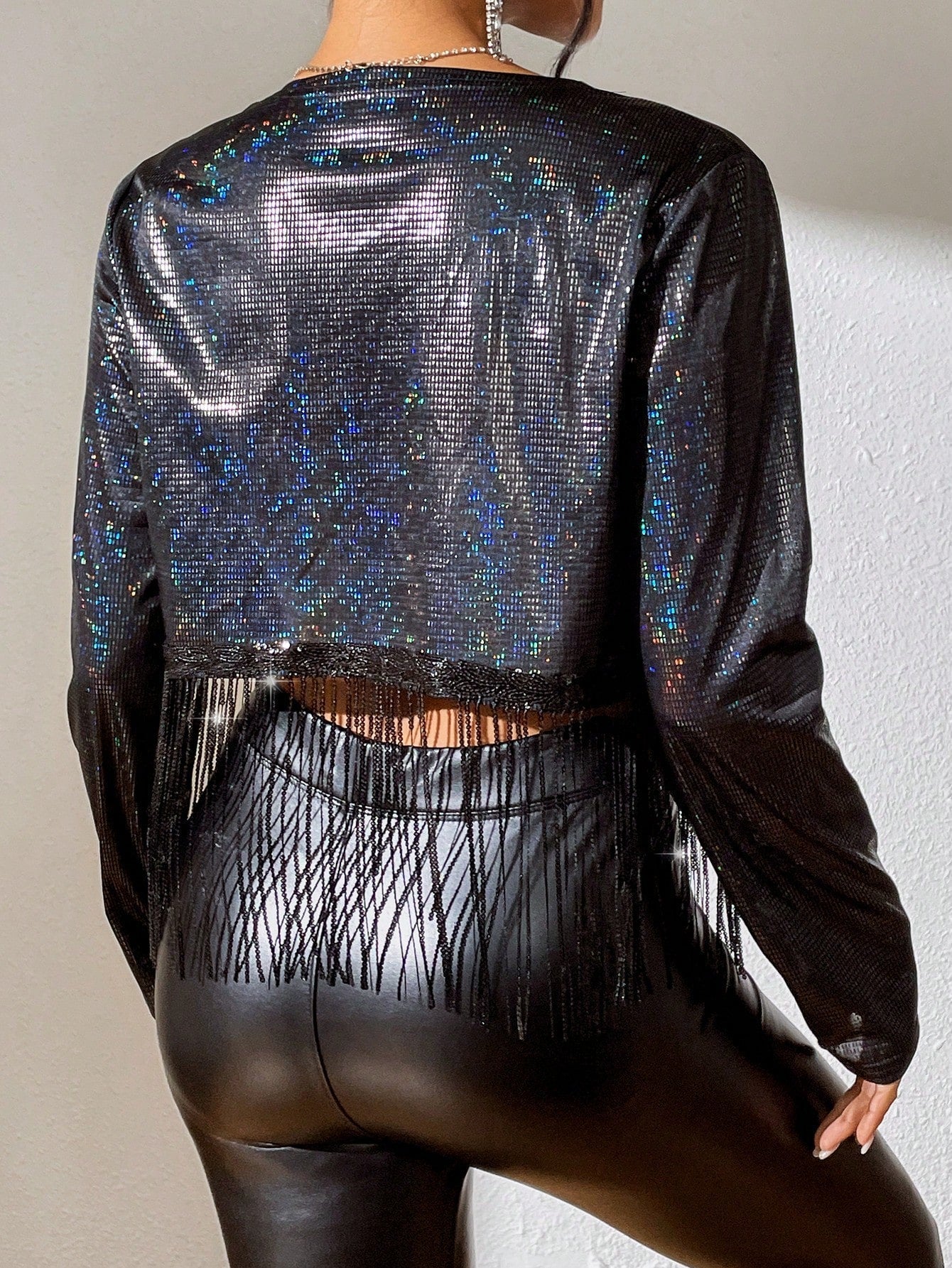Buy SHEIN BAE Holographic Fringe Hem Open Front Crop Jacket in Pakistan