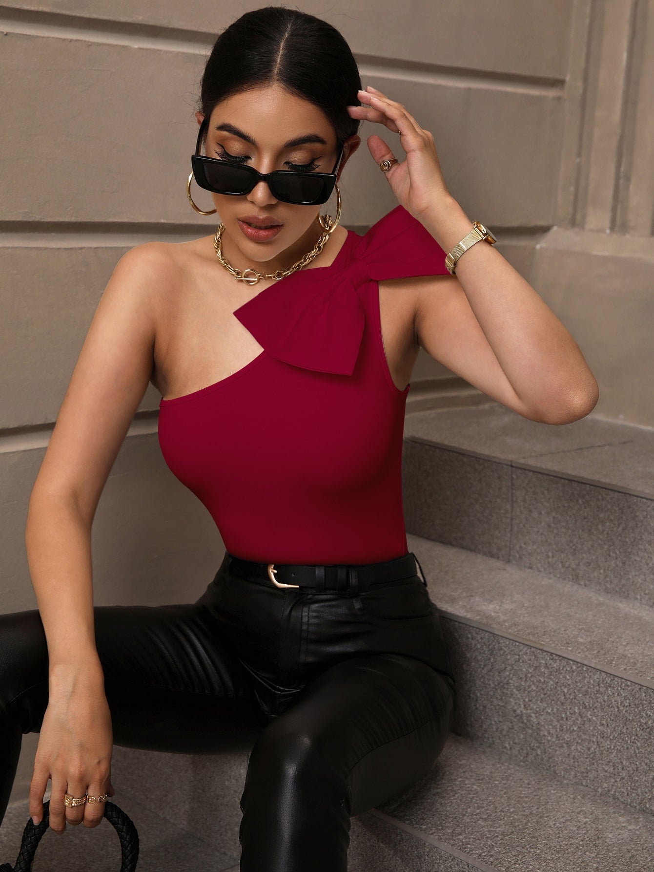 Buy SHEIN BAE One Shoulder Bow Detail Slim Fit Bodysuit in Pakistan