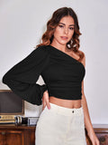 Buy SHEIN BAE One Shoulder Lantern Sleeve Ruched Side Crop Tee in Pakistan
