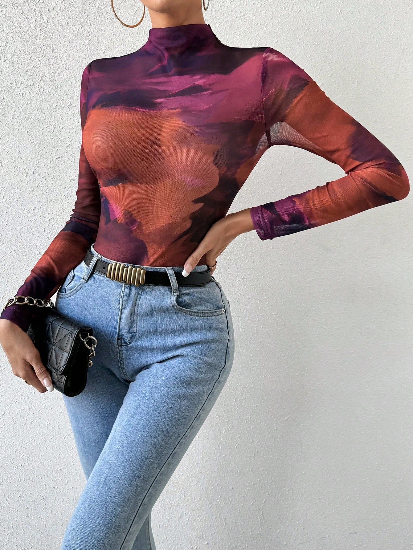 Buy SHEIN BAE Tie Dye Mock Neck Mesh Top in Pakistan
