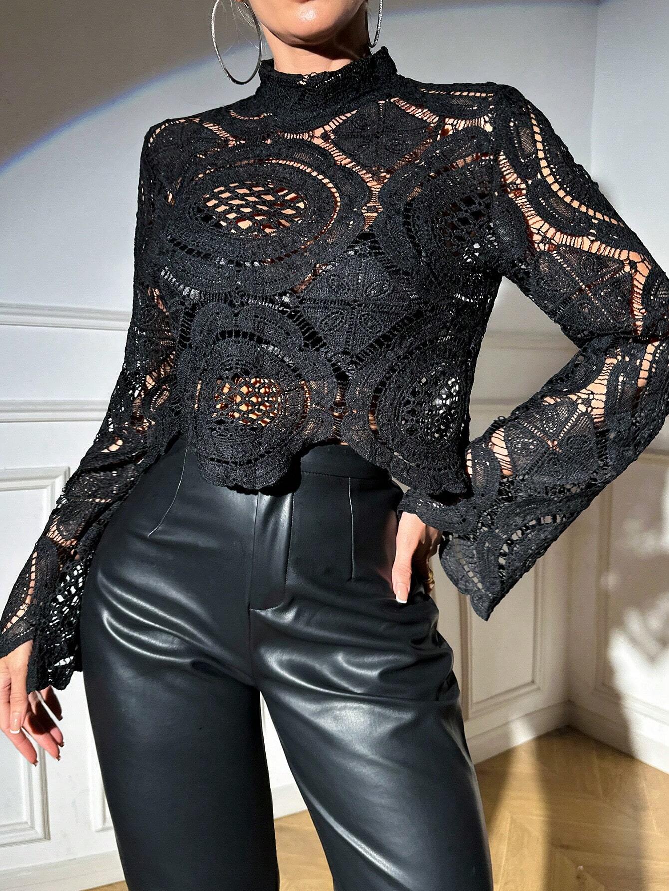 Buy SHEIN BAE Water-Soluble Flower Positioning Edge Perspective Blouse in Pakistan