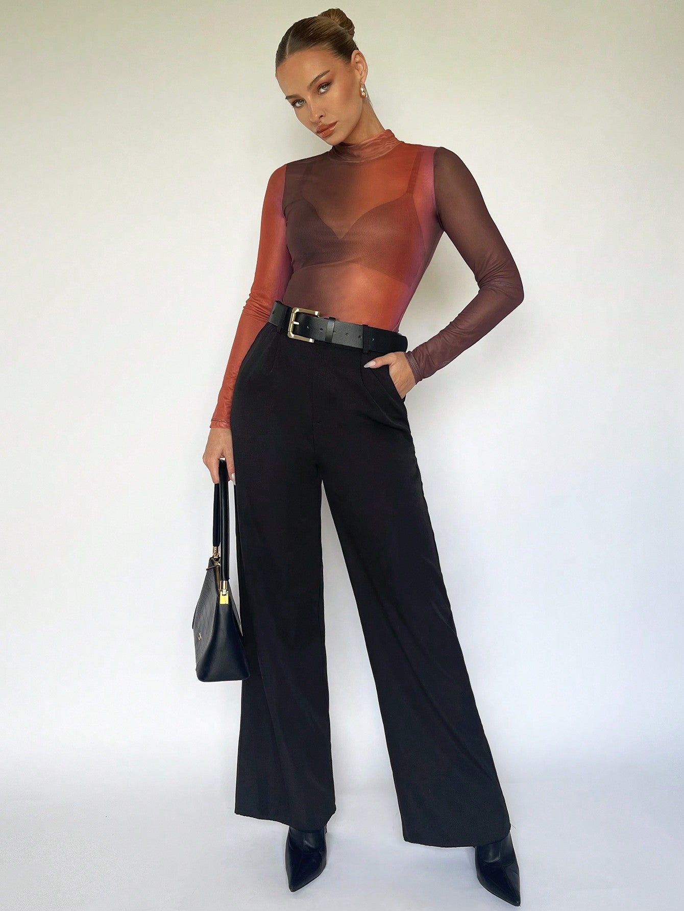 Buy SHEIN BIZwear Mock Neck Sheer Mesh Top Without Bra in Pakistan