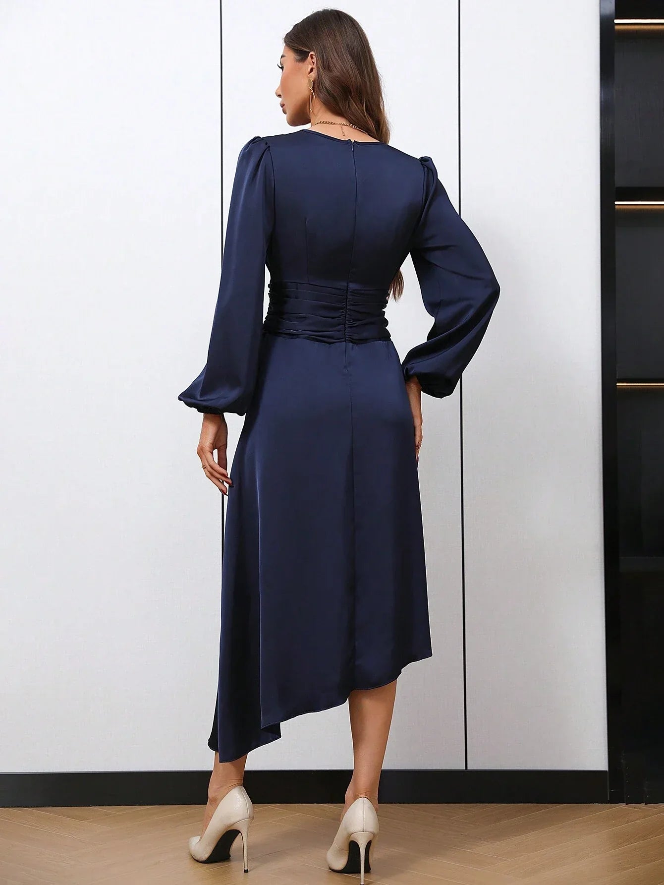 Buy SHEIN BIZwear Surplice Neck Lantern Sleeve Asymmetrical Hem Dress in Pakistan