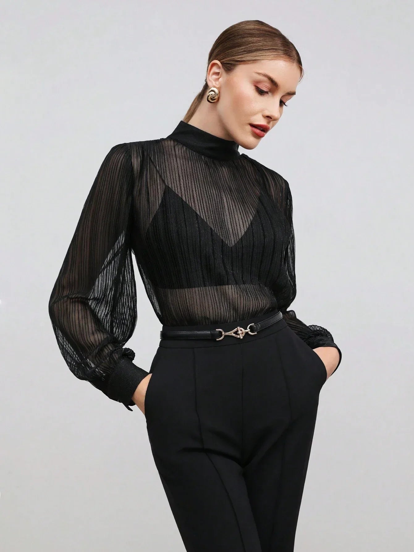 Buy SHEIN BIZwear Women Black Solid Color Blouse With Ruched in Pakistan