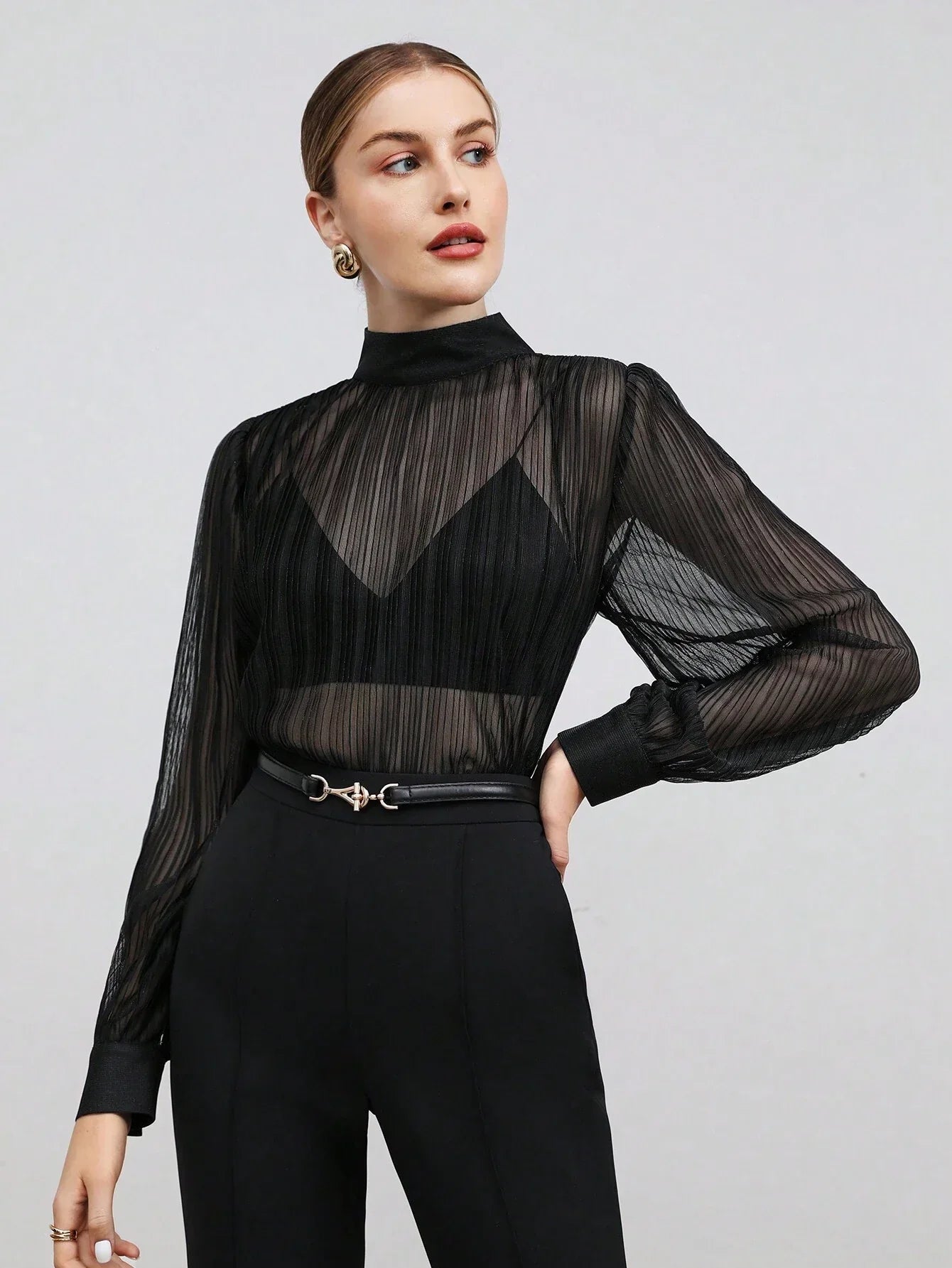Buy SHEIN BIZwear Women Black Solid Color Blouse With Ruched in Pakistan