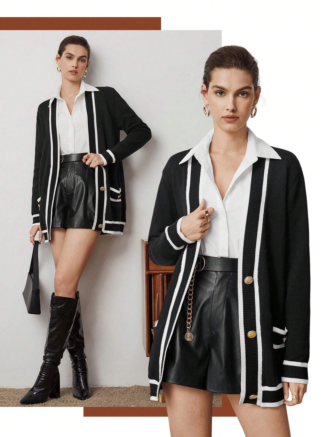 Buy SHEIN BIZwear Women's Color Block Rolled Edge Button Up Cardigan Fall Women Outfits in Pakistan