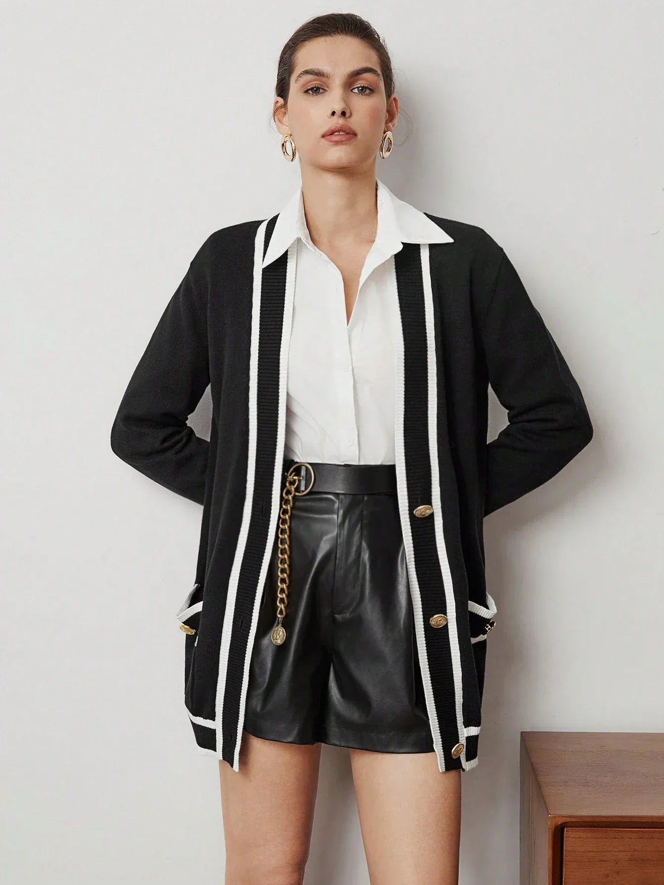 Buy SHEIN BIZwear Women's Color Block Rolled Edge Button Up Cardigan Fall Women Outfits in Pakistan
