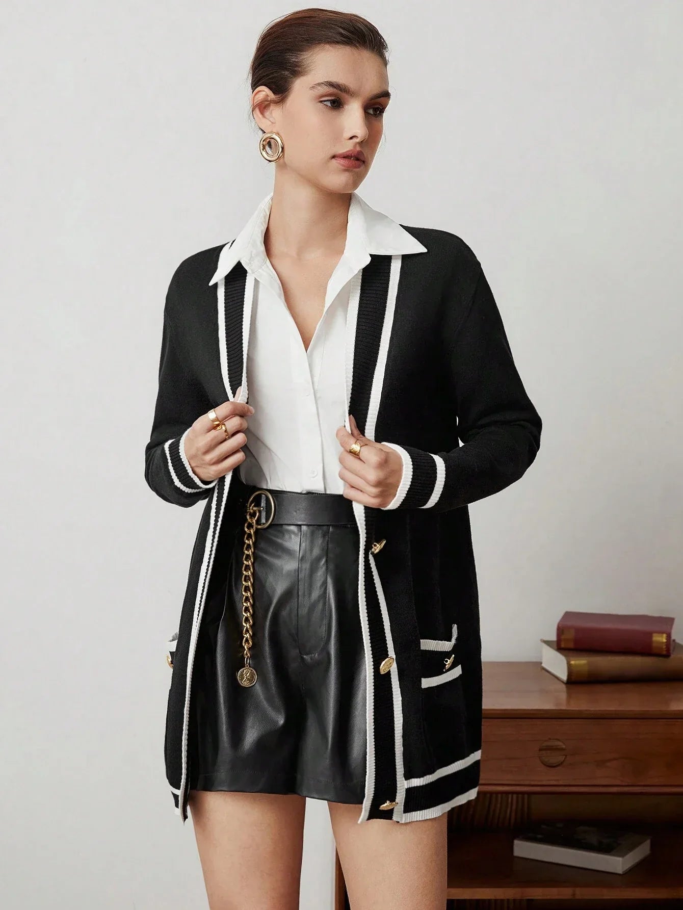 Buy SHEIN BIZwear Women's Color Block Rolled Edge Button Up Cardigan Fall Women Outfits in Pakistan