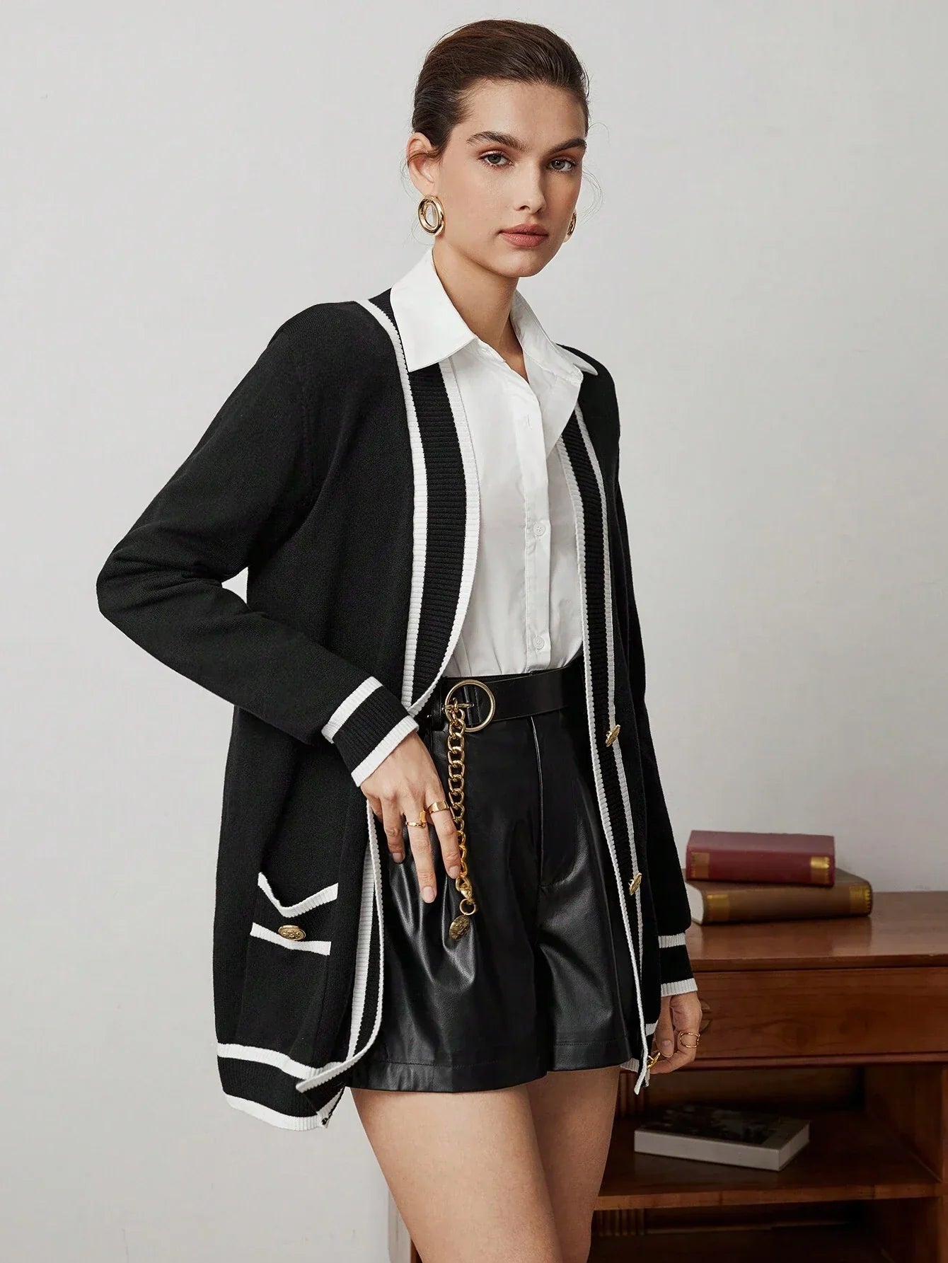 Buy SHEIN BIZwear Women's Color Block Rolled Edge Button Up Cardigan Fall Women Outfits in Pakistan