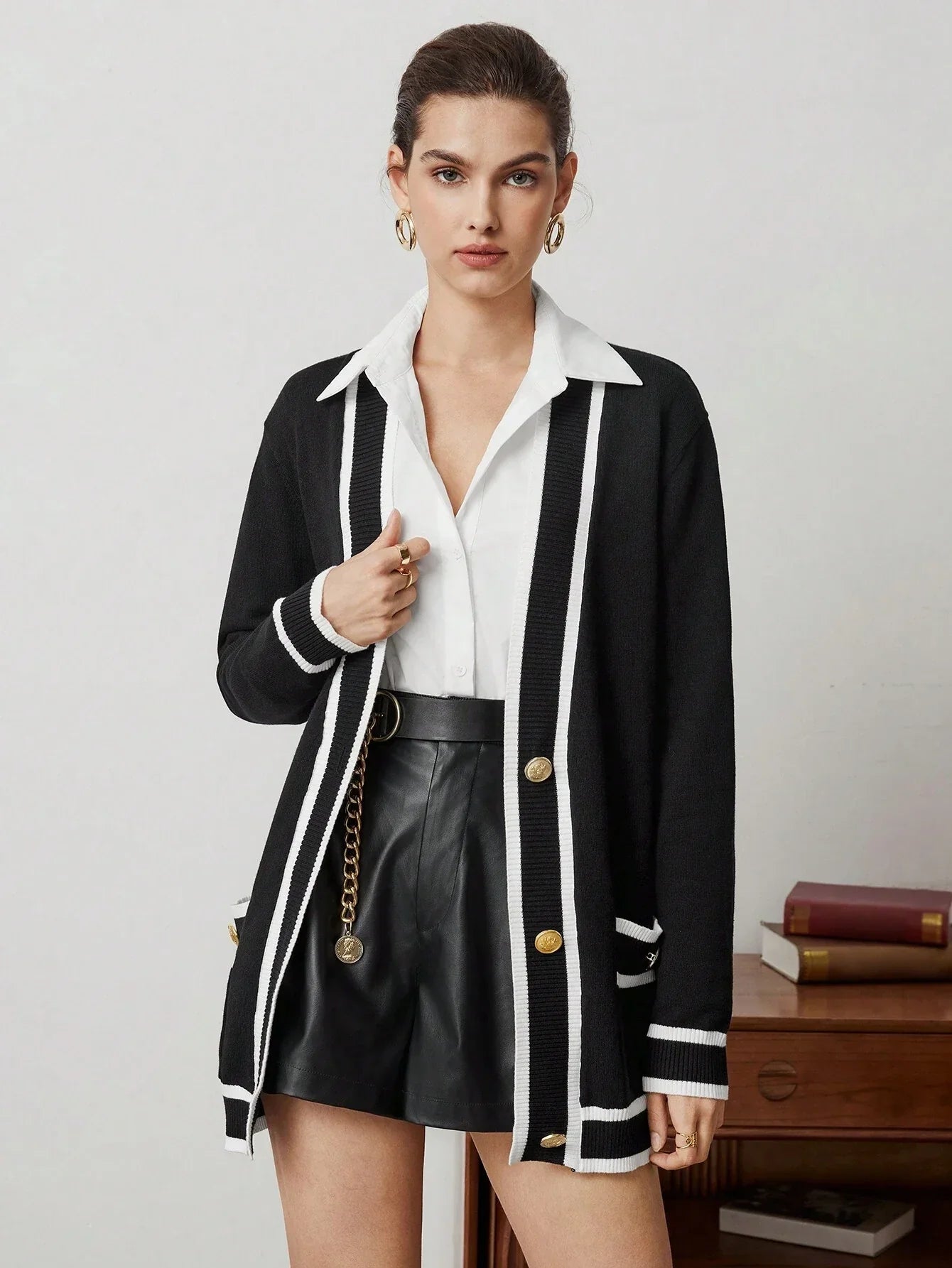 Buy SHEIN BIZwear Women's Color Block Rolled Edge Button Up Cardigan Fall Women Outfits in Pakistan