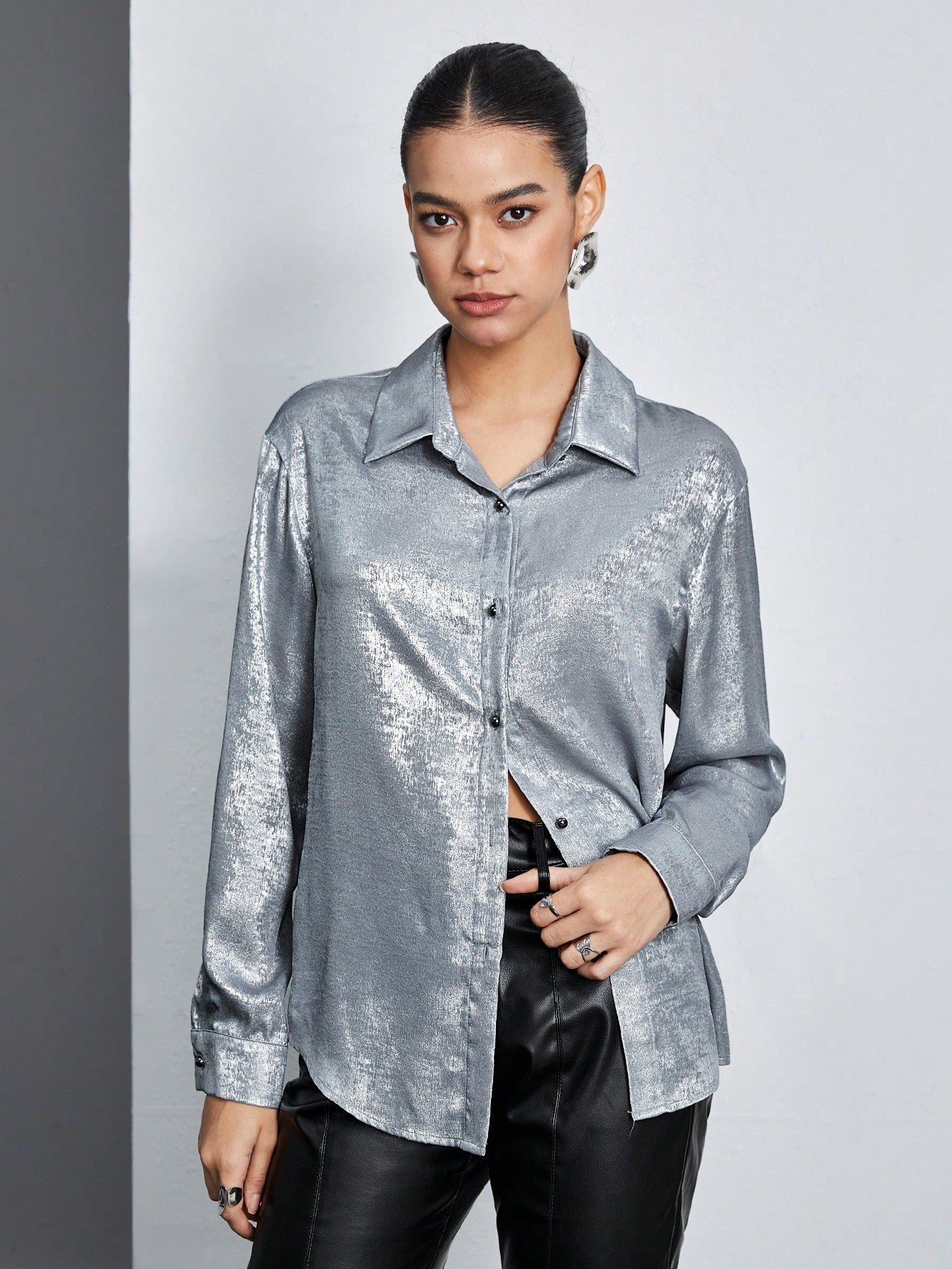 Buy SHEIN BIZwear Women's Solid Color Textured Long Sleeve Shirt in Pakistan