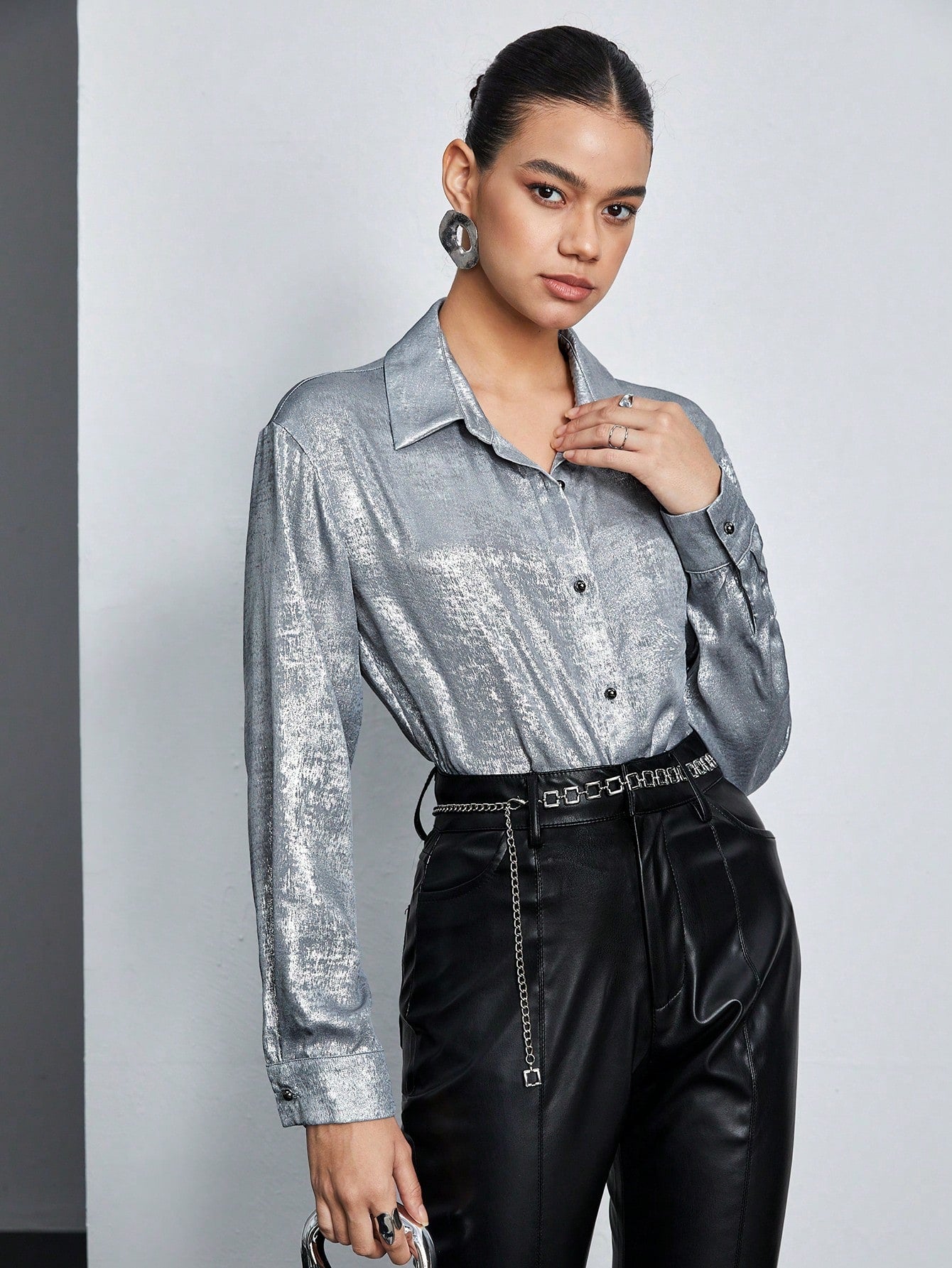 Buy SHEIN BIZwear Women's Solid Color Textured Long Sleeve Shirt in Pakistan