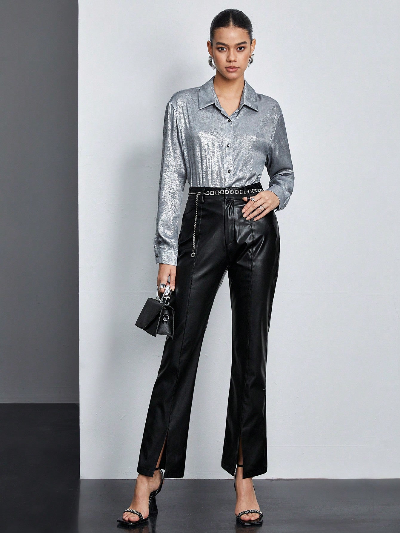 Buy SHEIN BIZwear Women's Solid Color Textured Long Sleeve Shirt in Pakistan