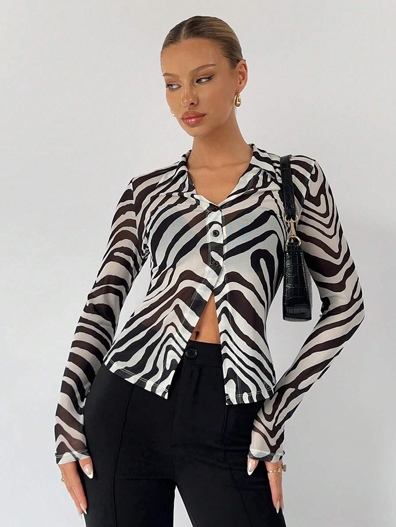 Buy SHEIN BIZwear Zebra Striped Button Front Mesh Top Without Bra in Pakistan