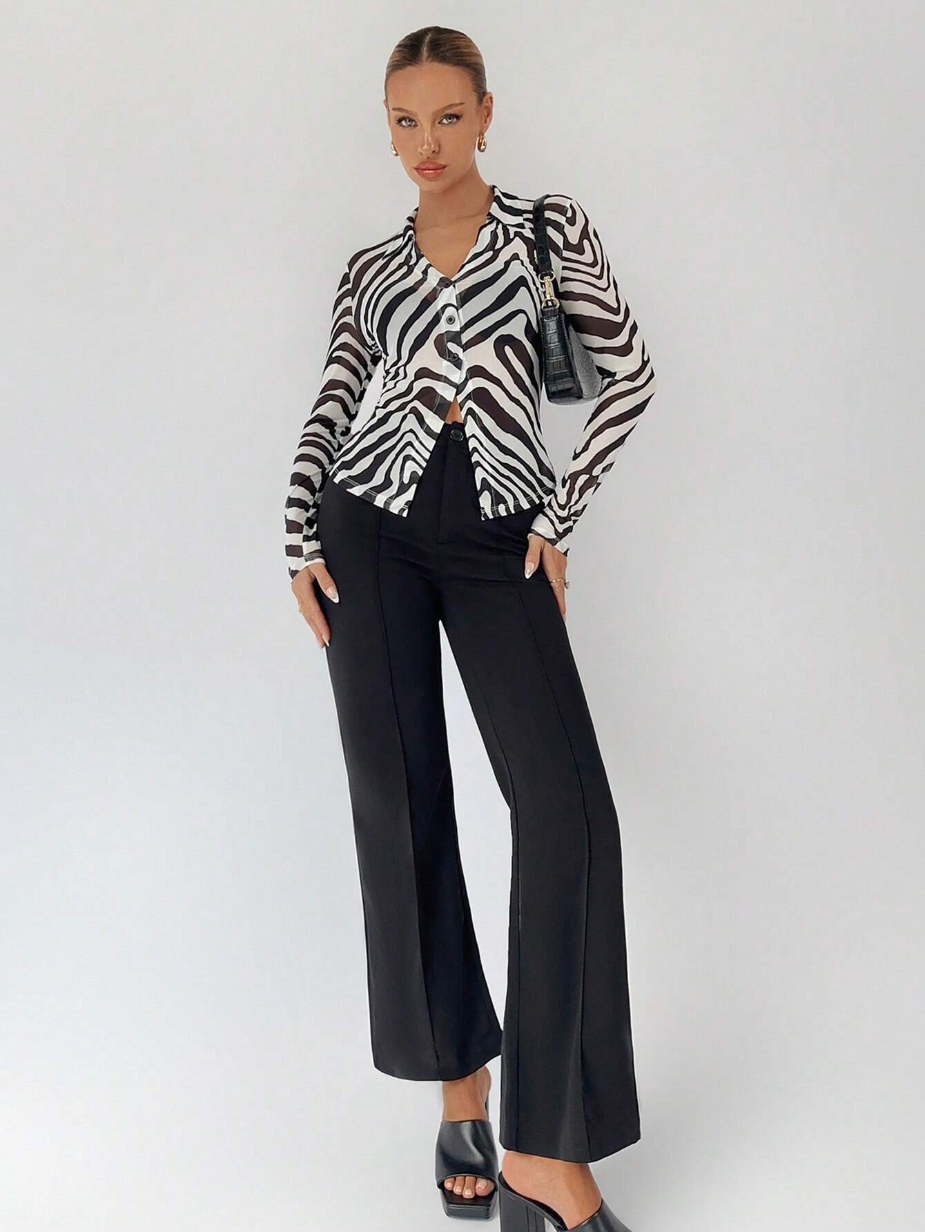 Buy SHEIN BIZwear Zebra Striped Button Front Mesh Top Without Bra in Pakistan