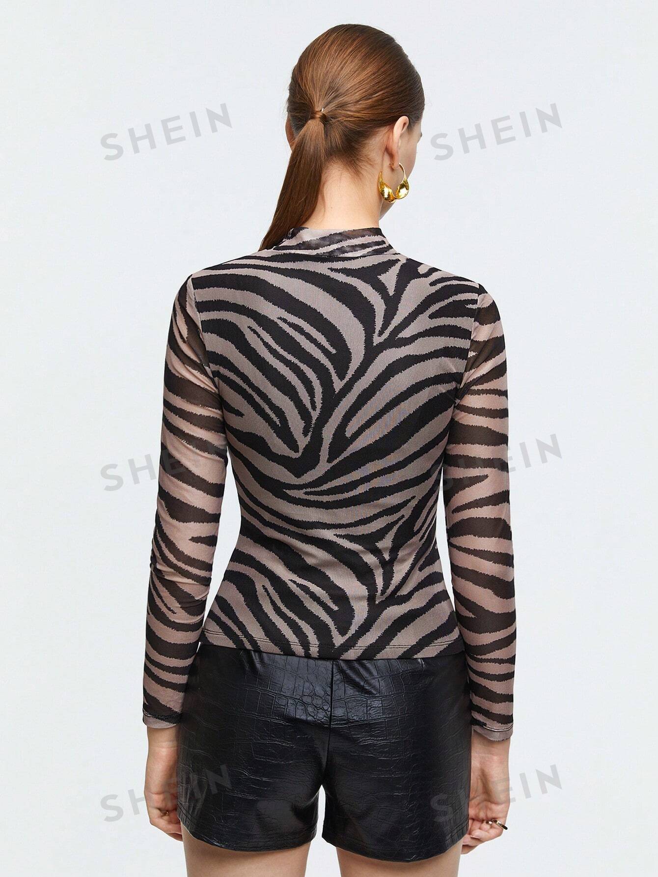 Buy SHEIN BIZwear Zebra Striped Mock Neck Tee in Pakistan