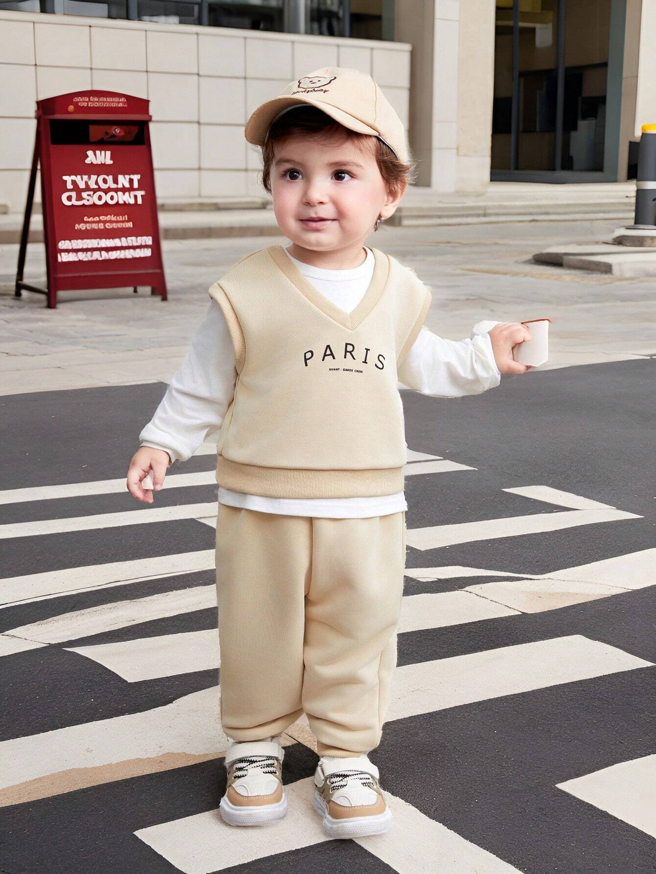 Buy SHEIN Baby Boy/Girl 3pcs Set Of Short Sleeve T-Shirt, Solid Color Long Pants, And Letter Printed Round Neck Sweatshirt in Pakistan
