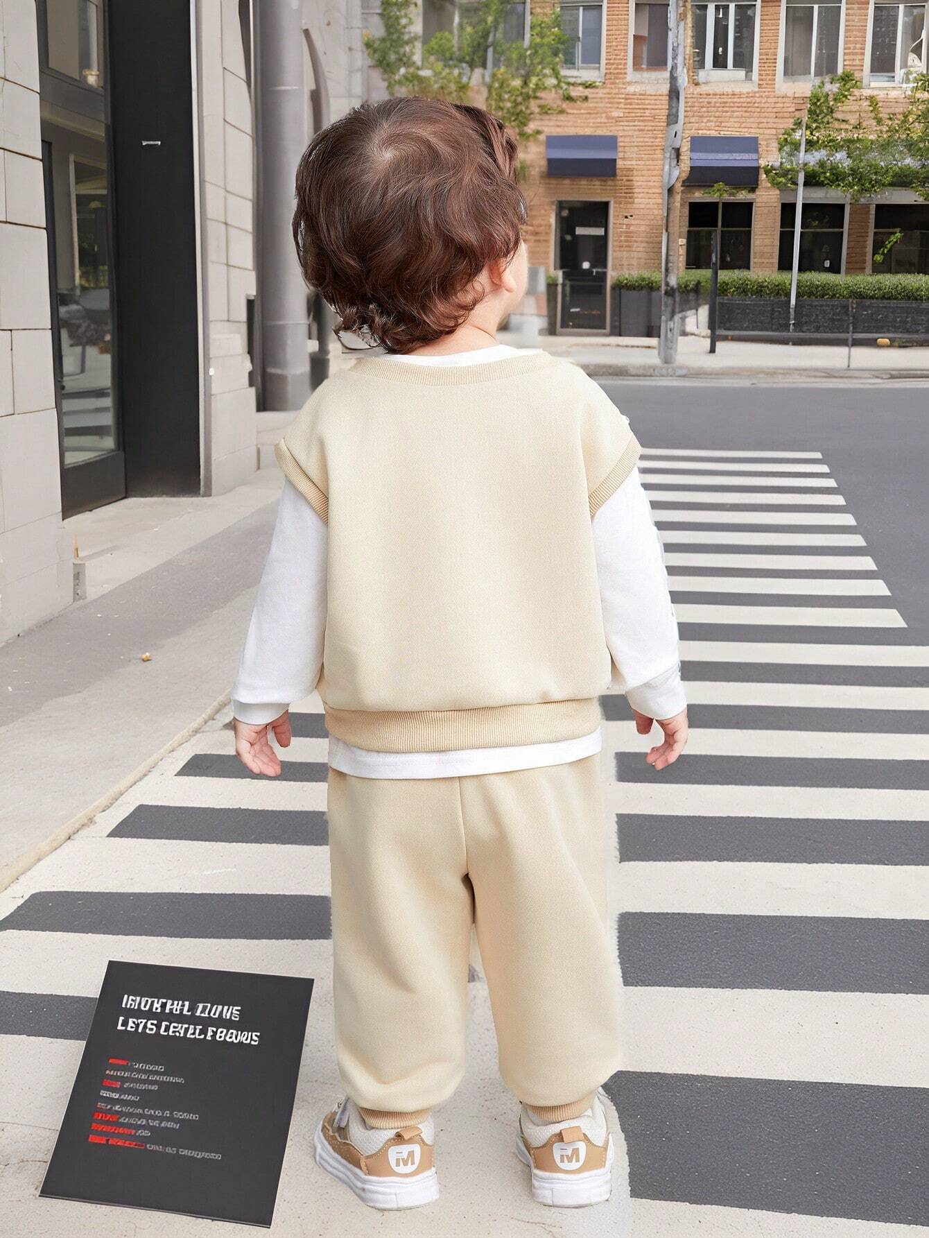 Buy SHEIN Baby Boy/Girl 3pcs Set Of Short Sleeve T-Shirt, Solid Color Long Pants, And Letter Printed Round Neck Sweatshirt in Pakistan