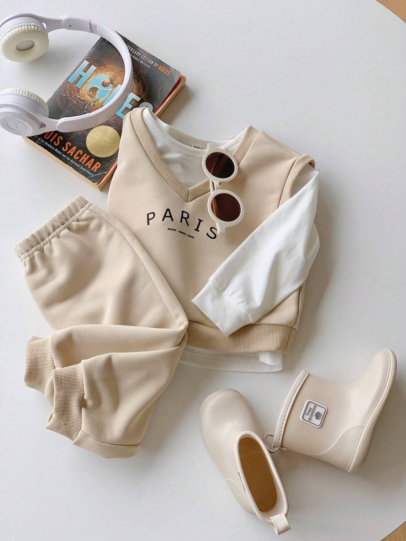 Buy SHEIN Baby Boy/Girl 3pcs Set Of Short Sleeve T-Shirt, Solid Color Long Pants, And Letter Printed Round Neck Sweatshirt in Pakistan