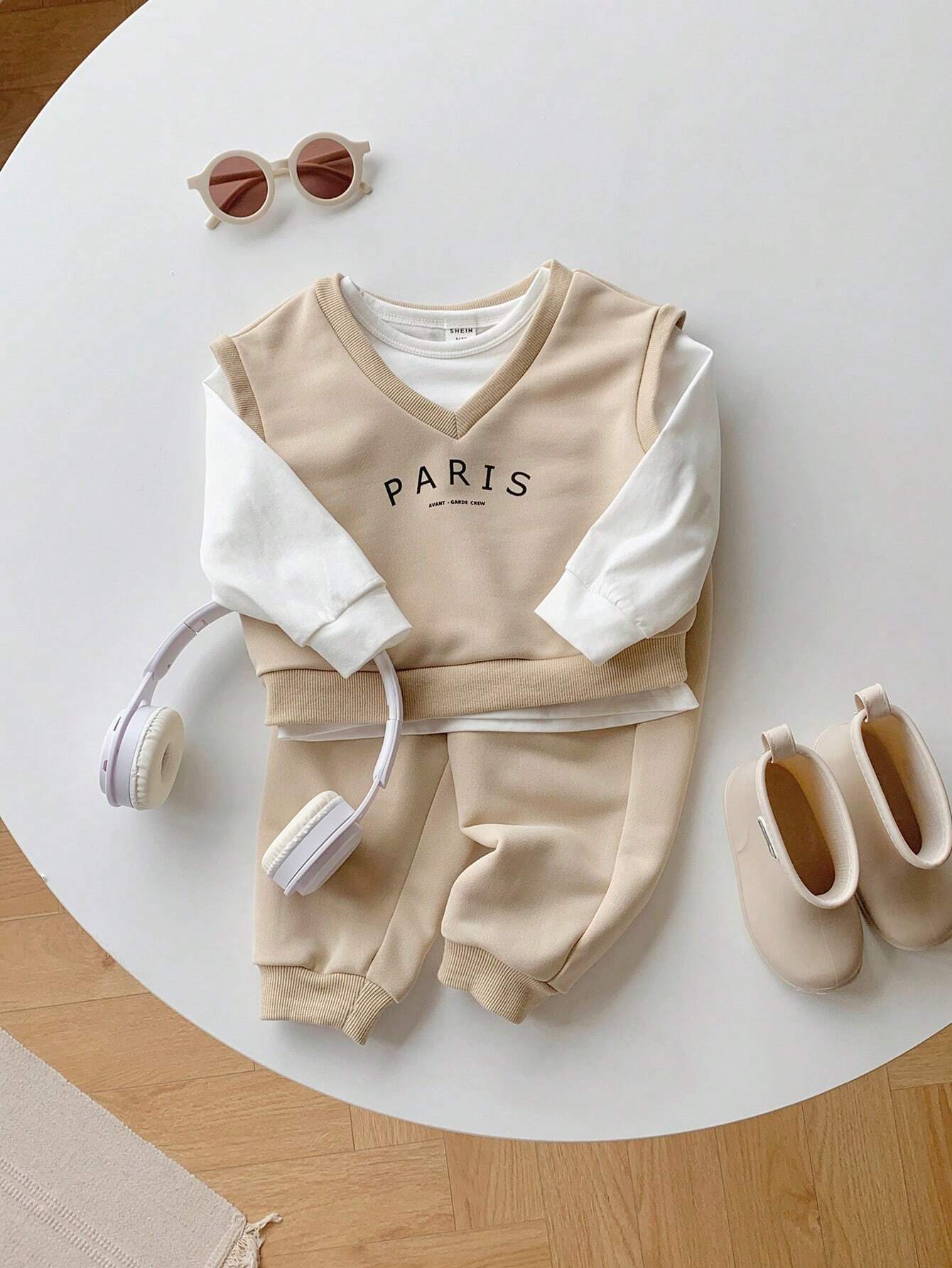 Buy SHEIN Baby Boy/Girl 3pcs Set Of Short Sleeve T-Shirt, Solid Color Long Pants, And Letter Printed Round Neck Sweatshirt in Pakistan