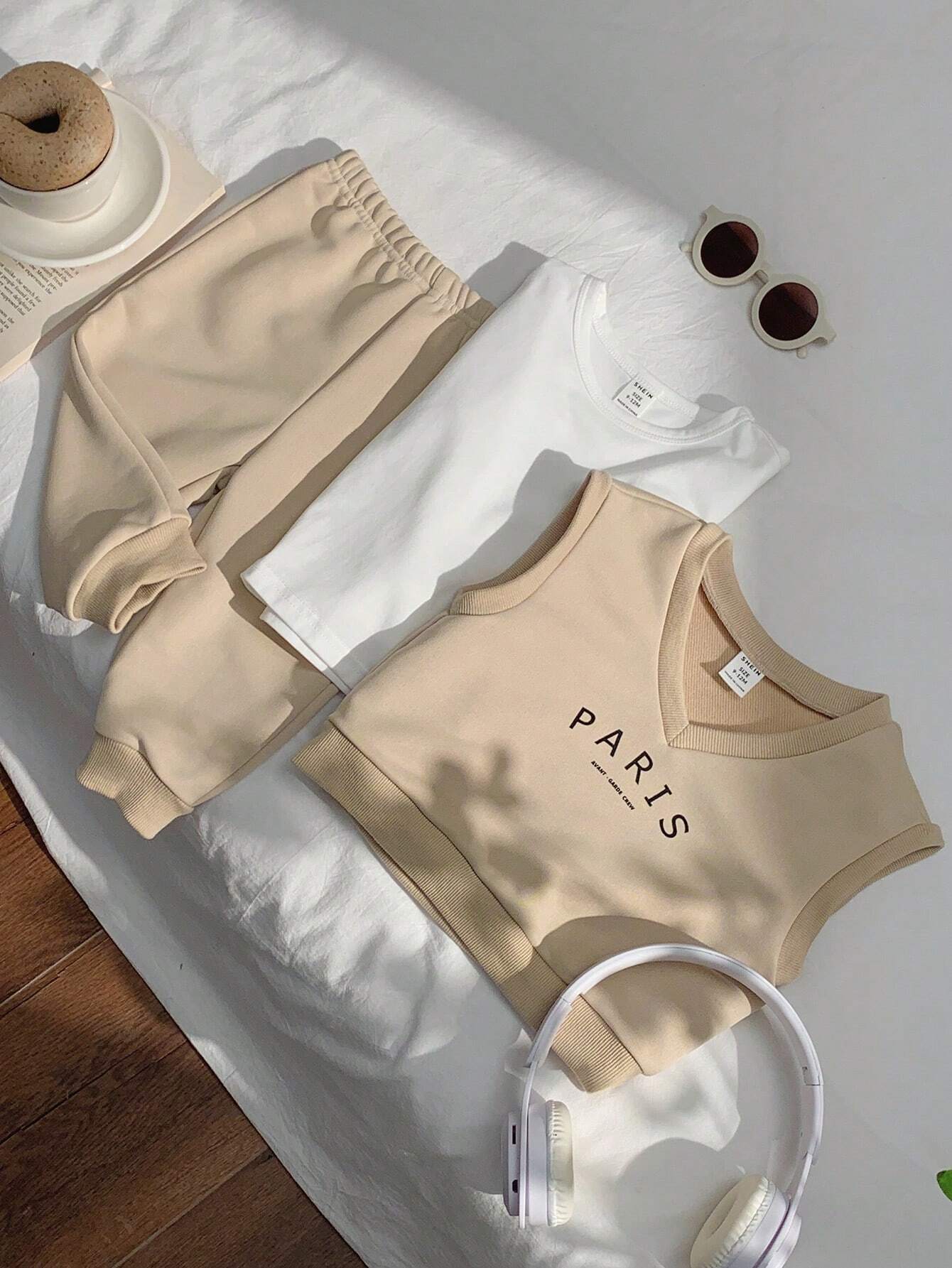 Buy SHEIN Baby Boy/Girl 3pcs Set Of Short Sleeve T-Shirt, Solid Color Long Pants, And Letter Printed Round Neck Sweatshirt in Pakistan