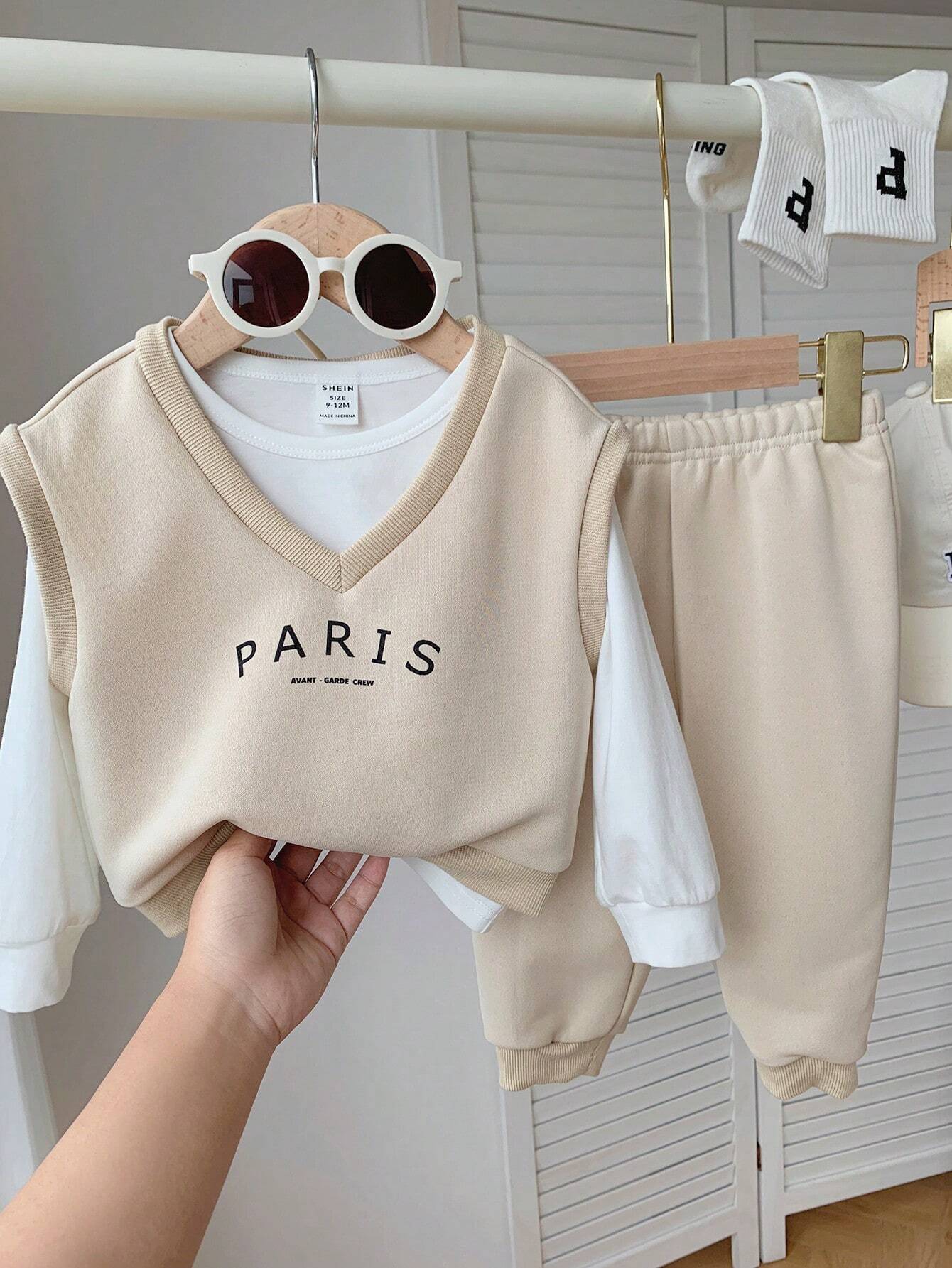 Buy SHEIN Baby Boy/Girl 3pcs Set Of Short Sleeve T-Shirt, Solid Color Long Pants, And Letter Printed Round Neck Sweatshirt in Pakistan