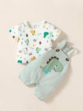 Buy SHEIN Baby Boy Cartoon Dinosaur Print Tee & Striped Overall Romper in Pakistan