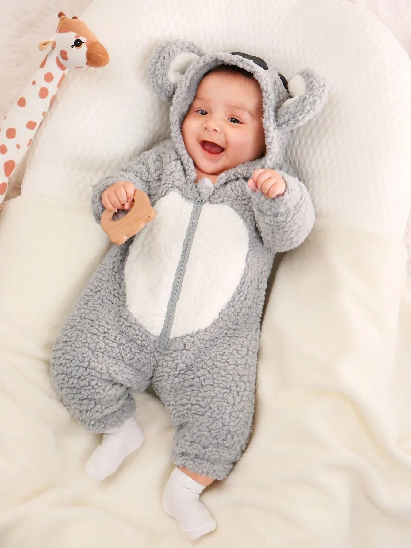 Buy SHEIN Baby Boy Colorblock 3D Ear Design Hooded Plush Sleep Jumpsuit in Pakistan