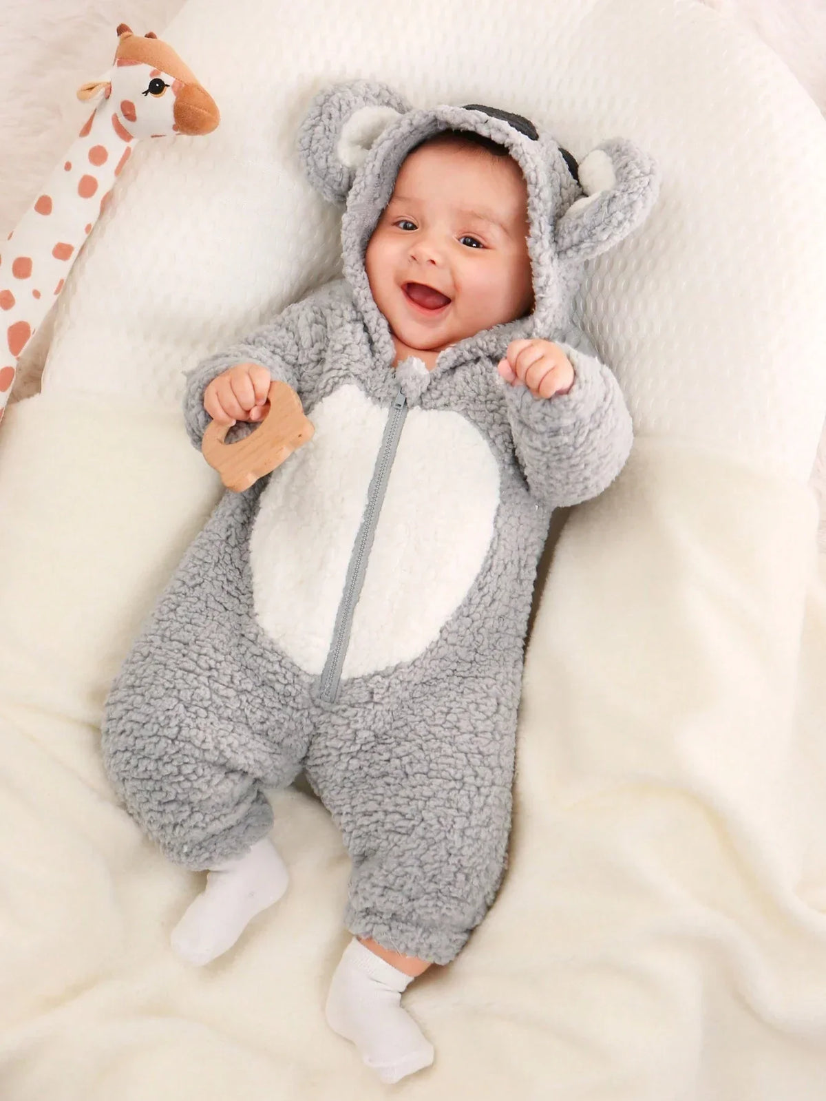 Buy SHEIN Baby Boy Colorblock 3D Ear Design Hooded Plush Sleep Jumpsuit in Pakistan